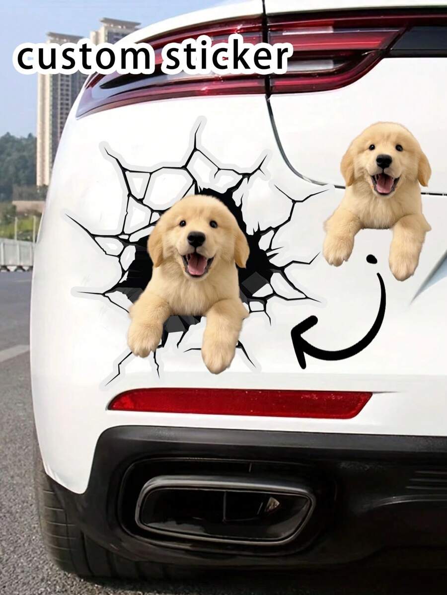 2 pièces Autocollants de voiture personnalisés thème animal, décalcomanies de portrait de chien et chat personnalisées pour lunette arrière, phare, porte de voiture, autocollants mignons de chiots 3D fissurés, surface adhésive mate, utilisation unique, accessoires automobiles thème animal, convient pour la fête et la décoration de la maison