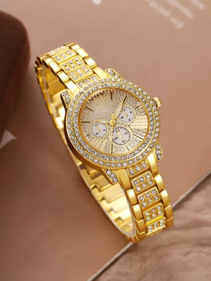 1 peça, relógio feminino, relógio de ouro, elegante e luxuoso, com pulseira de aço e três algarismos romanos, relógio de quartzo, material de liga, adequado para reuniões e jantares diários, o presente de aniversário perfeito