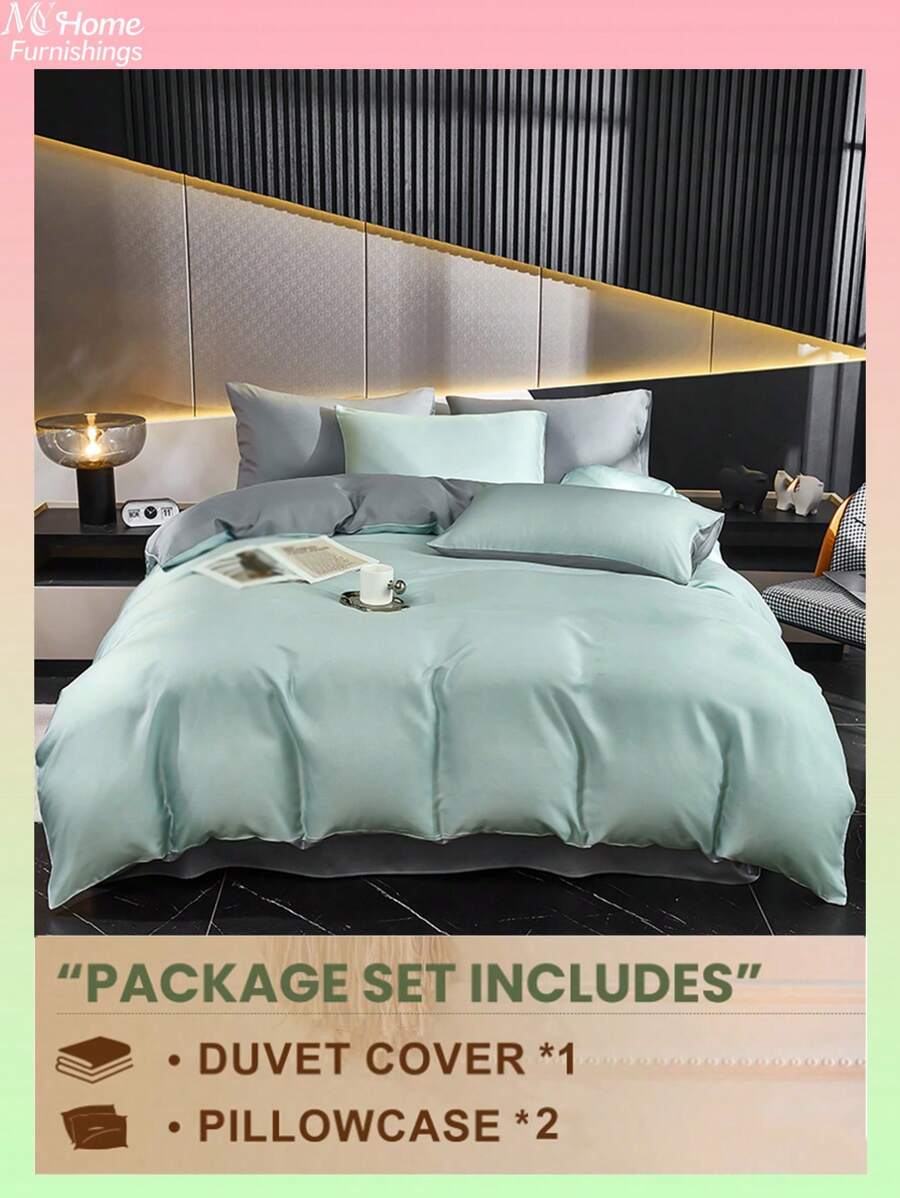 3pcs Light Blue & Light Grey Bedding Set For Student Dormitory, Soft Blend Duvet Cover & 2 Pillow Cases, Machine Washable (No Filler)