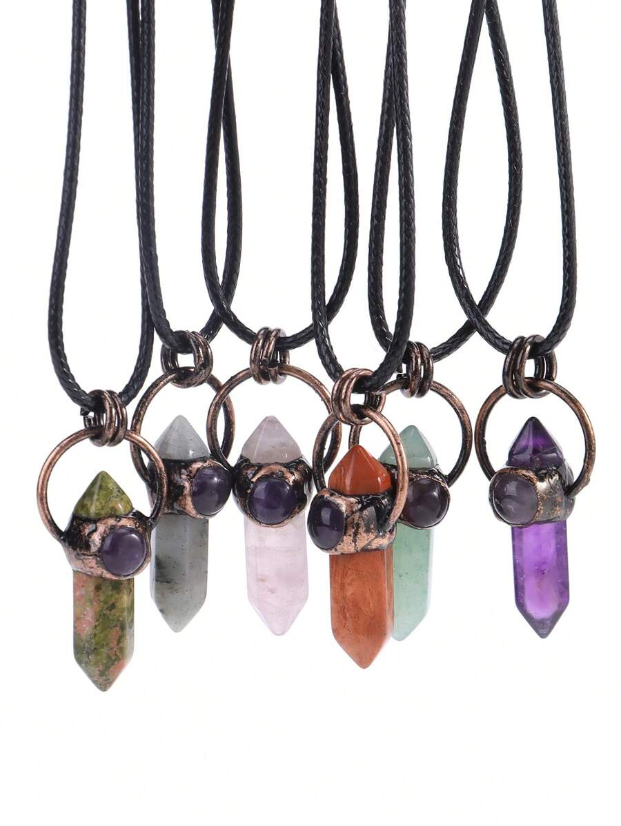 1pc Retro Hexagonal Pointed Pendant Necklace Vintage Natural Semi-Precous Stone Tiger Eye Amethysts Aventurine Quartz Jewelry H664
