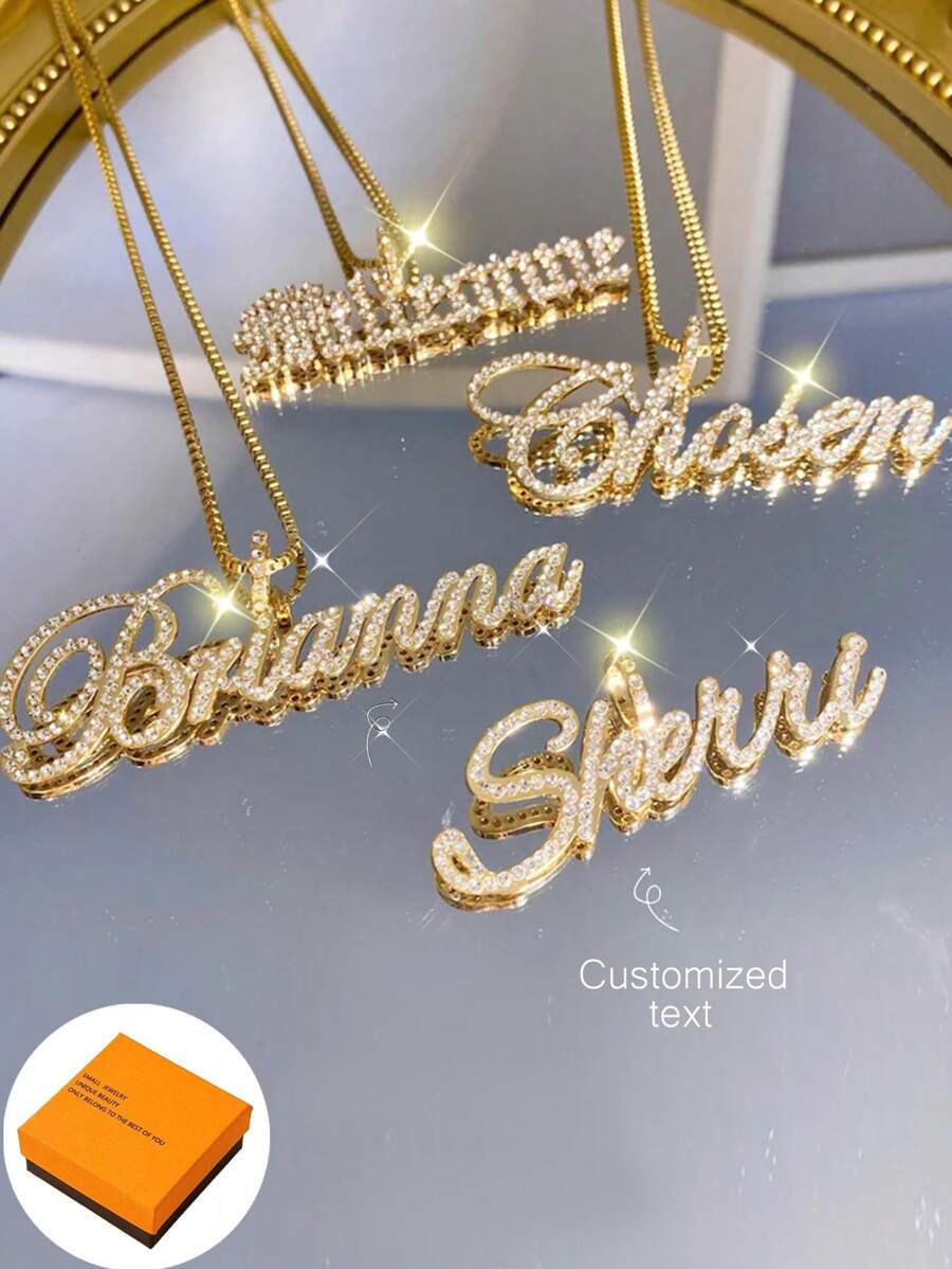 Collar con nombre con diamantes brillantes, collar con nombre de cristal, collar personalizado, collar con texto de nombre, joyería congelada, regalo para mujer, regalo para dama de honor, nombre personalizable de estilo sencillo para uso diario, productos que incluyen caja de regalo, regalo del Día de San Valentín, regalo de cumpleaños, regalo del Día de la Madre, regalo diario