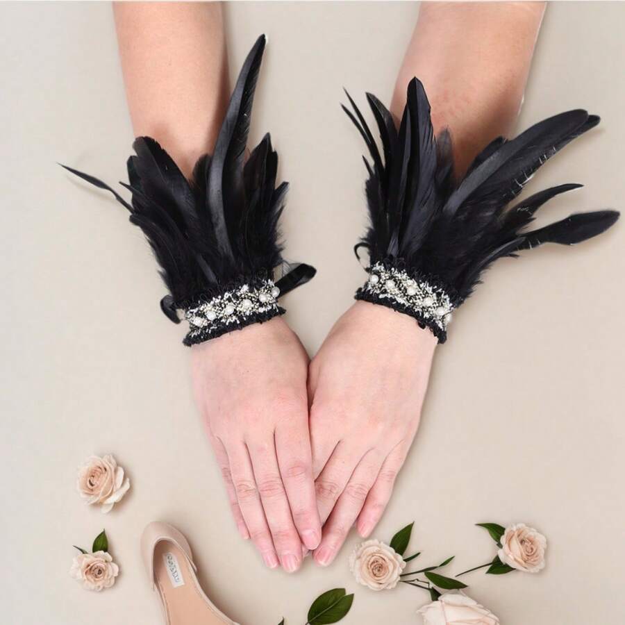 1 Paio di braccialetti regolabili vintage con perle intrecciate, piume e nappe, gioielli per esibizioni sul palco