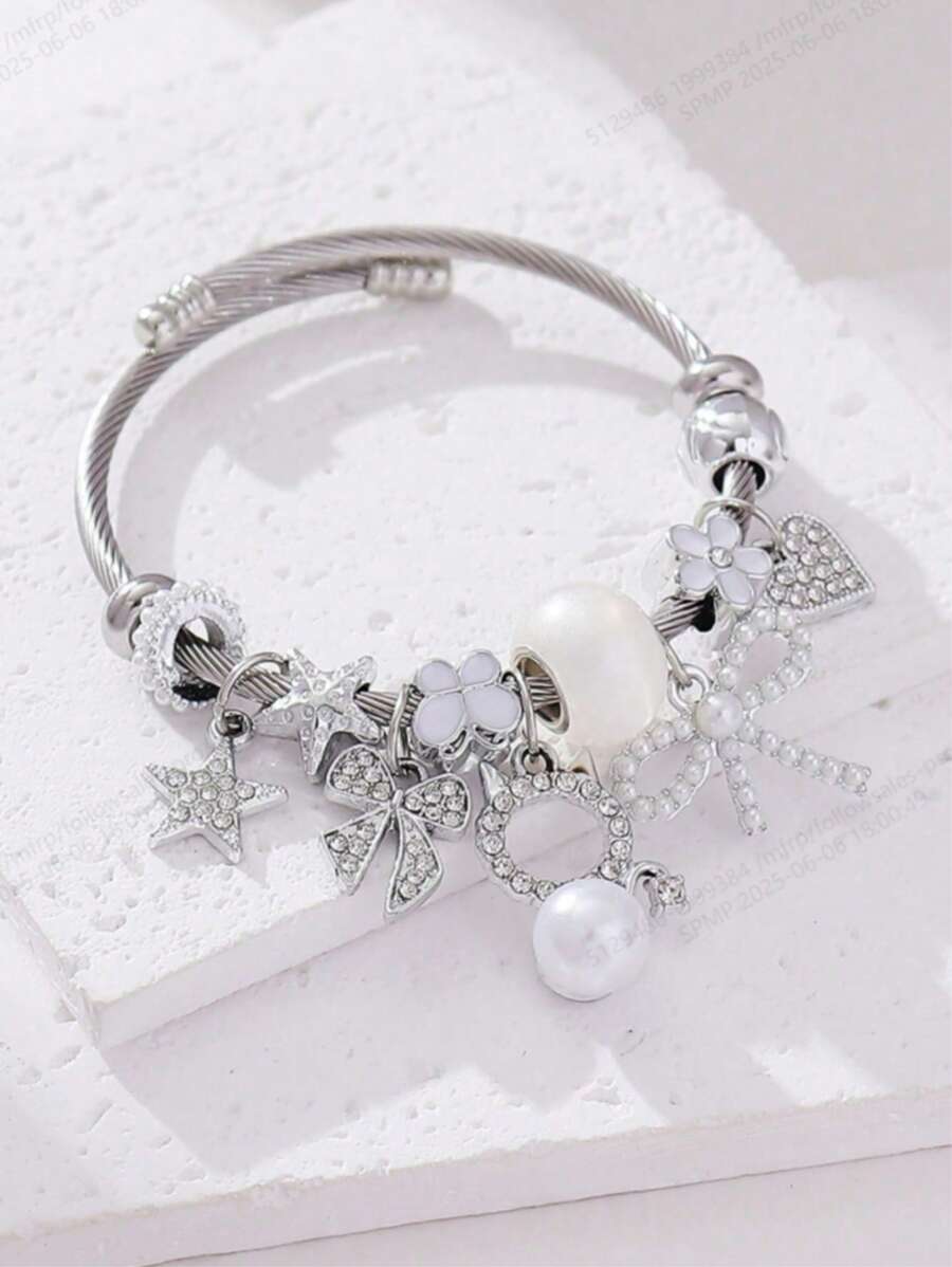 1 pièce Bracelet élégant en acier inoxydable avec détails de cristal strass et faux perle en forme de nœud de chat. Convient pour les femmes, les fêtes, les événements, les cadeaux, la Saint-Valentin