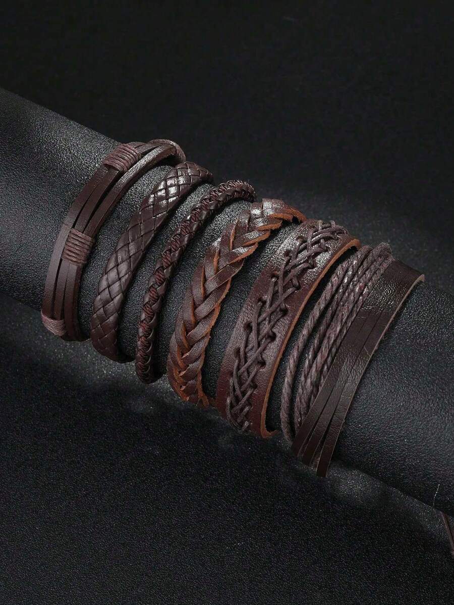6pcs European & American Style Multi-Layer Leather Braided Bracelet Set, Simple & Fashion Accessory Suitable For Daily Wear, Gift For Friends And Family (Random Color & Design)