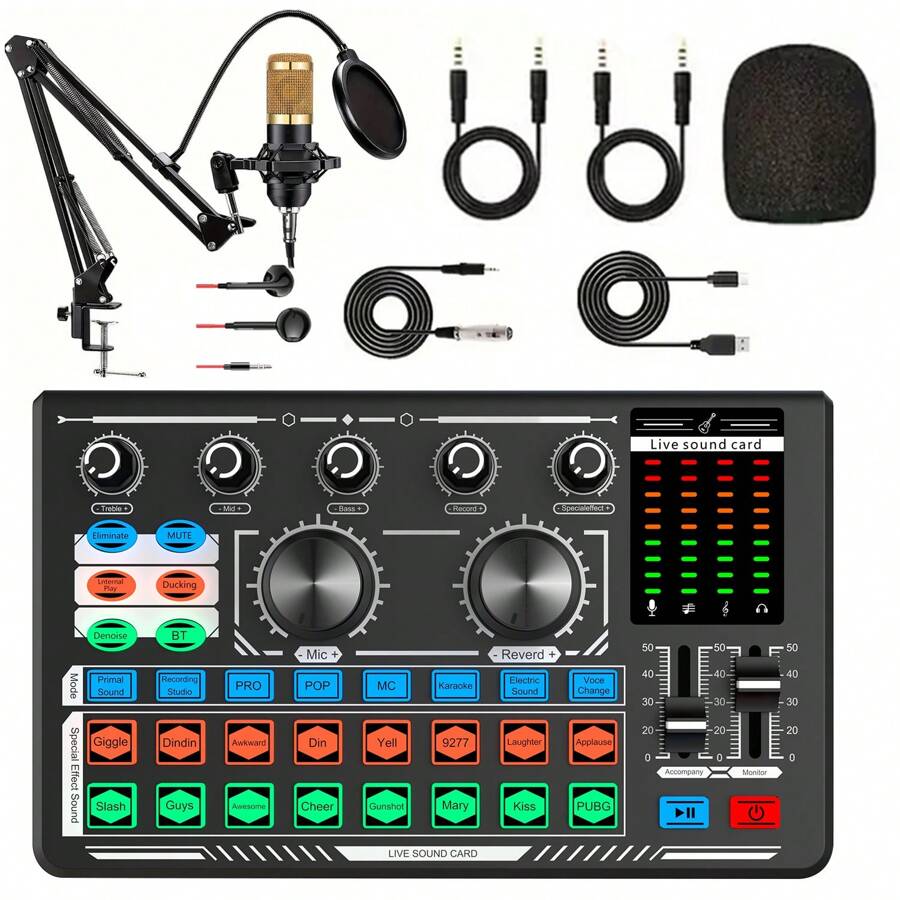 Live Sound Card And Audio Interface With DJ Mixer Effect And Speech Converter, Stereo Mixer, Suitable For Live Streaming, Recording Studio, And Gaming