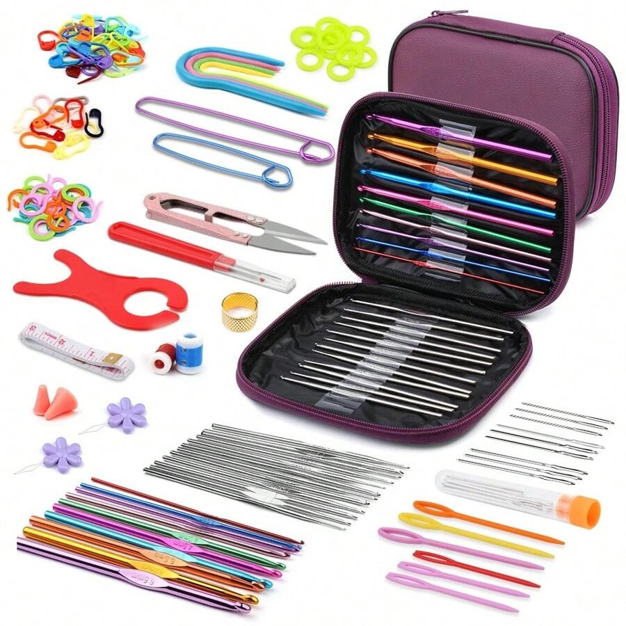 Kit de crochet pour débutants, kit de crochet avec crochets ergonomiques, aiguilles à tricoter, marqueurs de point, DIY avec étui de rangement