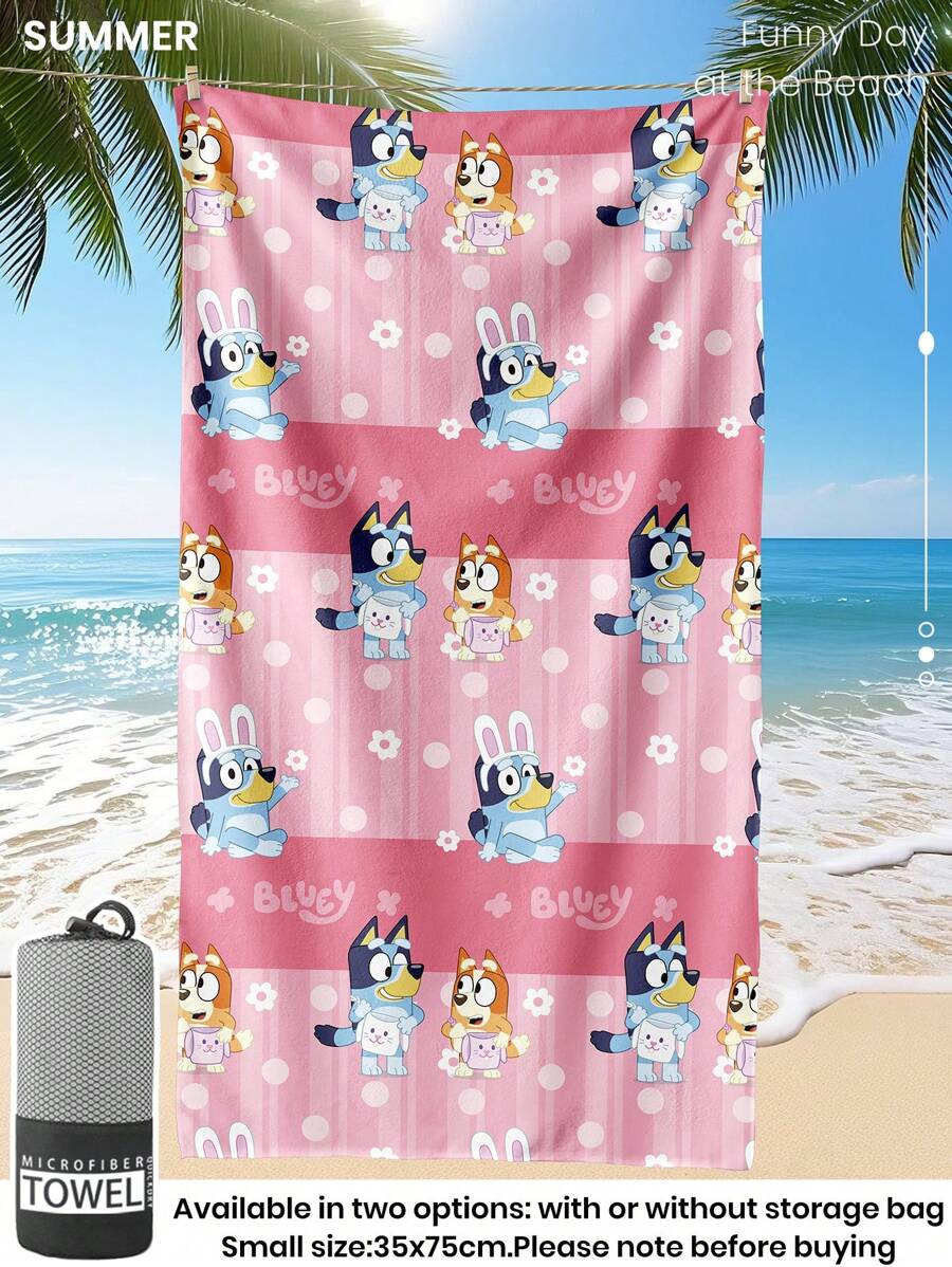 Bluey 1 pieza Toalla de playa de Bluey, toalla de baño con el diseño de Bluey y sus amigos, toalla de moda para la playa, toalla de baño súper absorbente y cómoda de microfibra, ligera y portátil, que protege del viento y el sol, resistente a la arena, para usar en verano, vacaciones y baño, disponible con o sin bolsa de almacenamiento