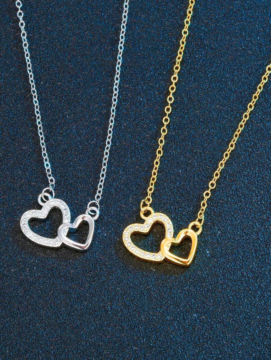 1 Stück minimalistischer kubischer Zirkonia Doppelherz Halskette für Frauen, eleganter Hochzeitsanhänger Schmuck