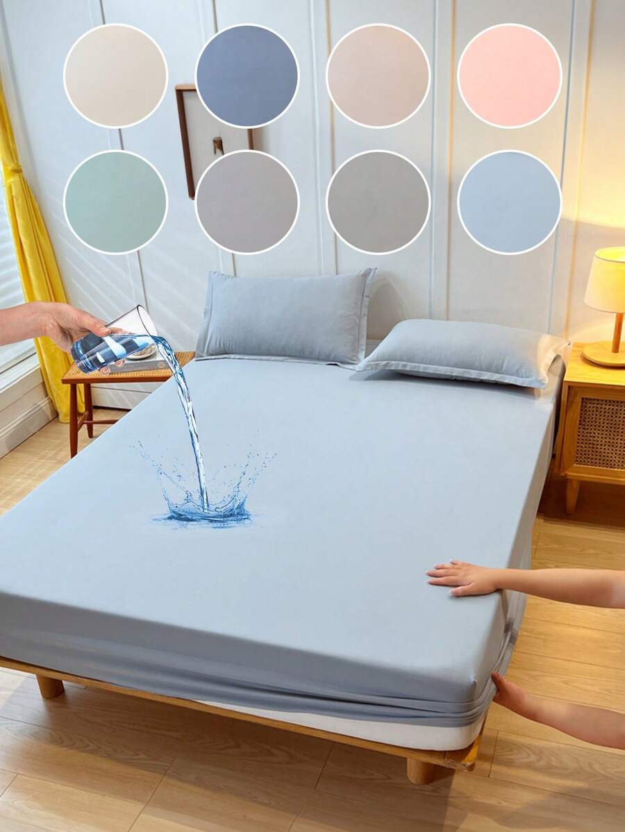 1pc Waterproof Bed Sheet, Bedding, Fitted Sheet, Solid Color Mattress Cover, Soft And Comfortable Bedding For Bedroom, Skin-Friendly Bed Cover, All Seasons, Fits For All Size Beds - Twin, Full, Queen, King, Dustproof Bedspread, Dustproof Non-Slip, Pillow And Pillowcase Not Included, Independence Day,Home Textile, Bedding Gifts, Machine Washable