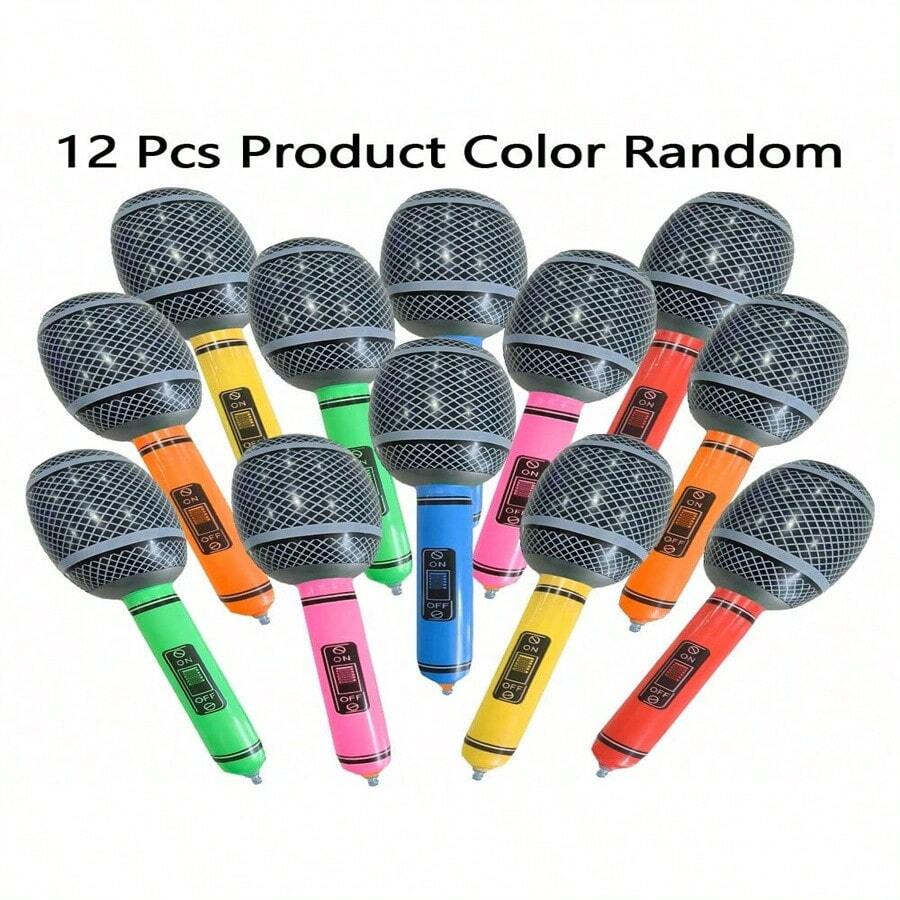 12pcs/6pcs Inflatable Microphone Props, PVC Microphone Entertainment Performance Stage Decor Inflatable Party Props Balloons Gifts, Inflatable Microphone Set - Modern Style, No Electricity Needed, No Feather, Suitable For Christmas, Halloween, Light Festival, Thanksgiving, Birthday Party And Music Festival Celebrations (Random Color)