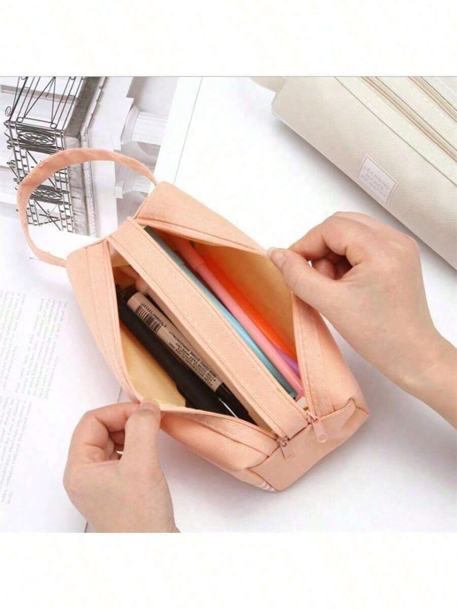 1 pezzo Astuccio portamatite multicolore giallo verde rosa blu, a doppio strato, di colore solido, con grande capacità, per conservare la cancelleria, portatile e semplice, con doppia cerniera, per matite, gomme e penne, forniture scolastiche, per il ritorno a scuola