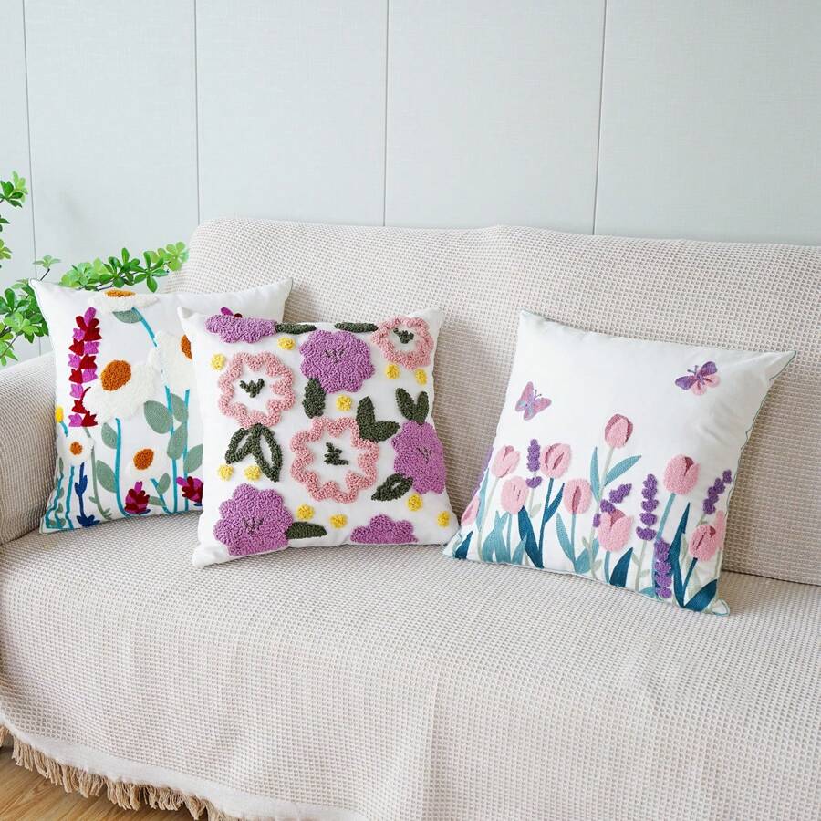 1 pièce Housse de coussin décorative avec motif floral et papillon, housse de coussin de style ferme brodée pour la décoration de la maison, le canapé, la chambre à coucher