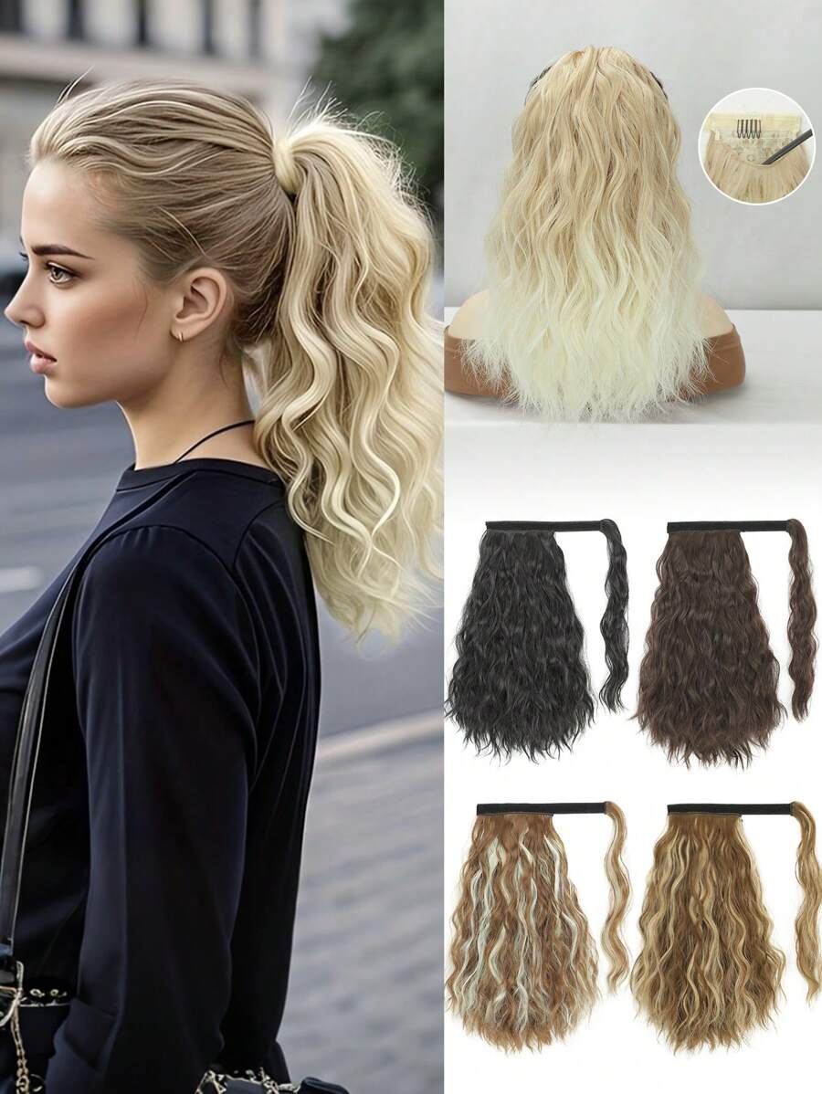 Extension de queue de cheval, rallonge de cheveux synthétique bouclée à effet vague d'eau, conception de poche en maille invisible, perruques convenant à l'usage quotidien des femmes