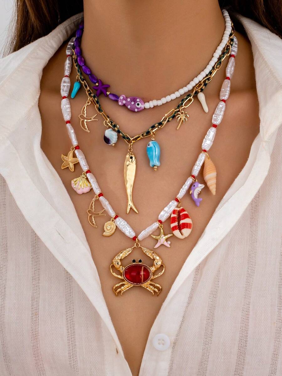 1 pieza Collar con colgante hecho a mano con conchas marinas, estrellas de mar y cangrejo, inspirado en el océano veraniego, joyería de estilo tropical para mujer, accesorio de regalo ideal para vacaciones