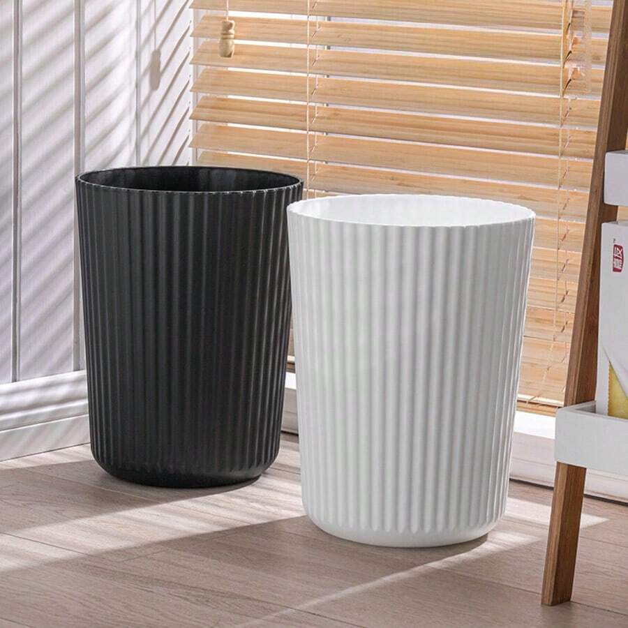 1 pieza Papelera minimalista a rayas, blanco/negro/beige, para dormitorio, sala de estar, baño, contenedor de almacenamiento de basura, para uso doméstico y oficina