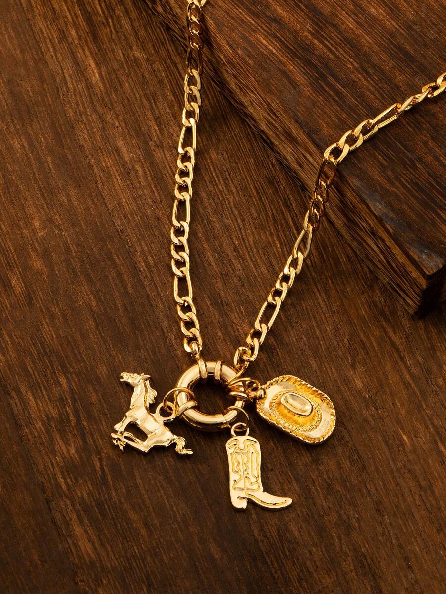 1 Stück Set: Vintage Western Cowboy Stil 3D Cowgirl Stiefel mit Hufeisen Muster, Cowboyhut, einfache goldfarbene Kette Halskette