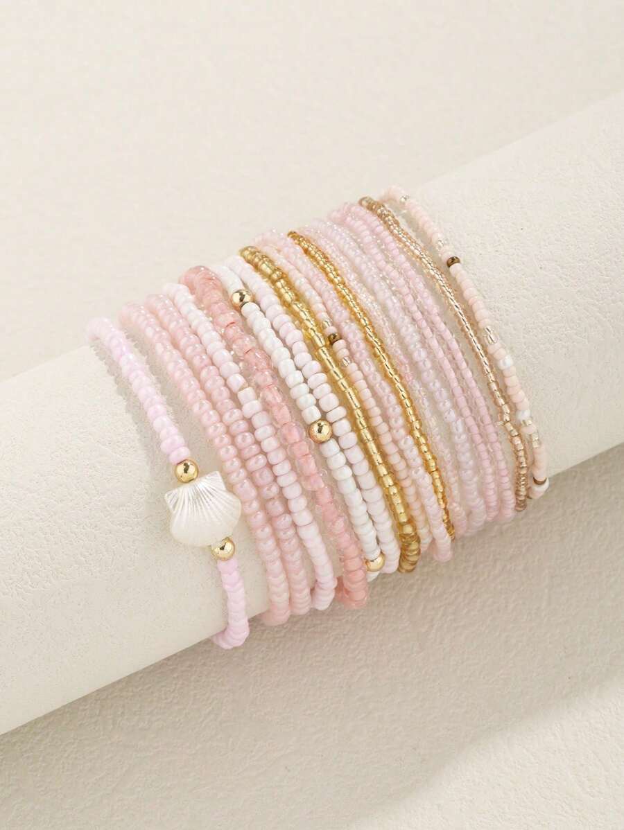 17pcs Women's Boho Style Glass & Seed Beaded Pink Layered Bracelets