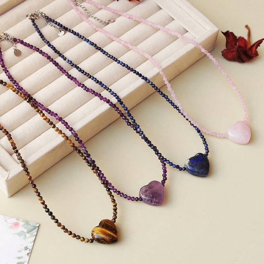 1 Stück Halskette aus Naturstein mit Amethyst-Herzanhänger-Design, perfekt als Geschenk zu Valentinstag, Erntedankfest, Muttertag und Frauentag.