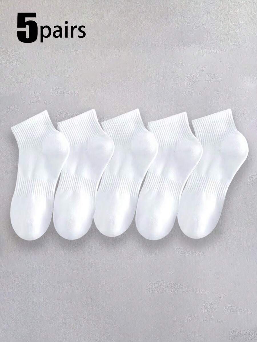 5 Pairs Unisex White Socks, Solid Color Mid-Calf Socks, Korean Style Versatile Summer Long Socks For Men & Women, Sports Socks, Couple Socks