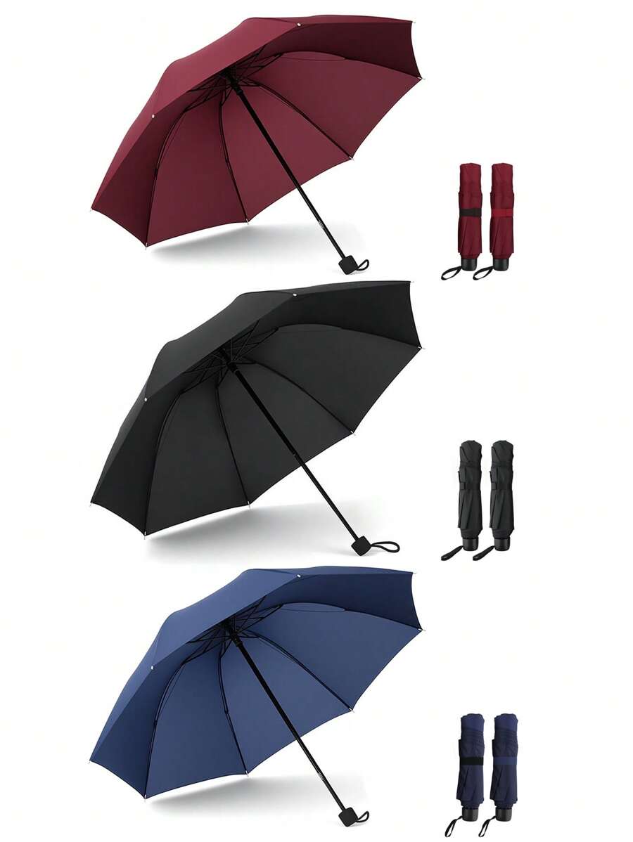 1pc Manual Folding Umbrella, 3-Fold Umbrella, High Density Impact Fabric, Solid Color Travel Umbrella, 8 Ribs, Suitable For Sunny And Rainy Days, Sunshade Umbrella, Anti-Wind And Light Rain, Water-Repellent, Rainy Season Waterproof, Simple Business Umbrella, Unisex, Single-Person Umbrella, Rainy Day Gift, Advertising Umbrella, Wedding Photo Umbrella, Compact And Lightweight, 3 Color Options (Black, Burgundy, Navy Blue)