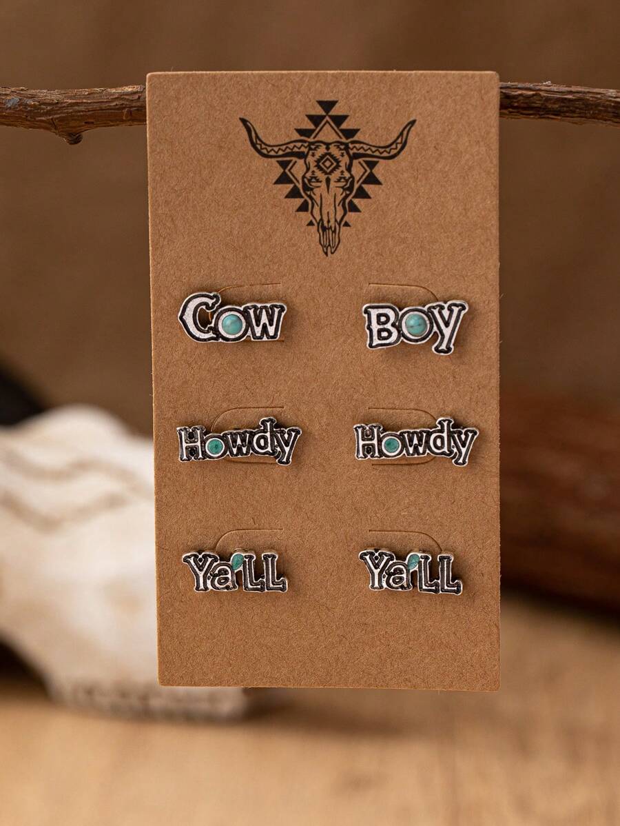 Set de 3 pares de pendientes tipo macho con cabeza de vaca, decorados con piedra de turquesa azul, en estilo occidental