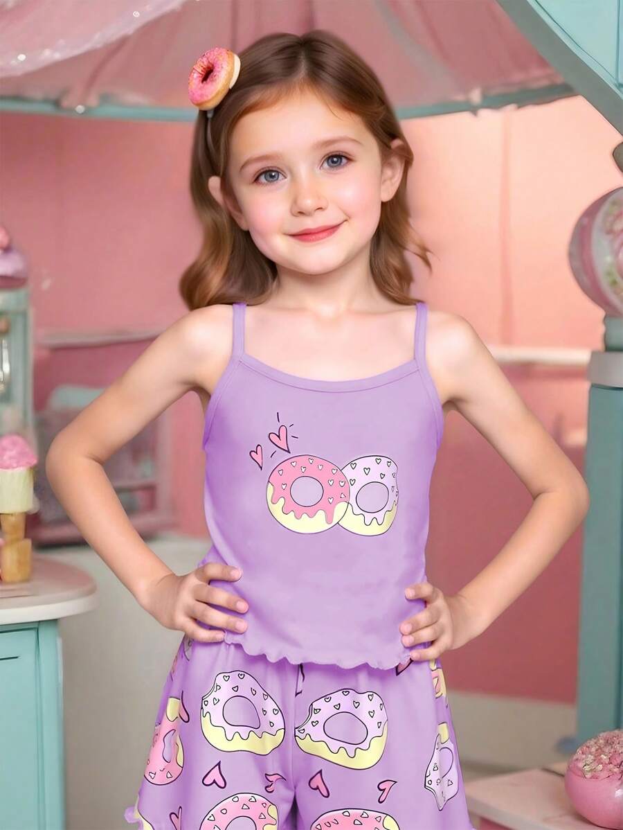 Chatreadl Hermoso conjunto de 2 piezas para niña con estampado de rosquillas: top tipo chaleco rosa refrescante y shorts a la cintura, adecuado para primavera, verano y otoño