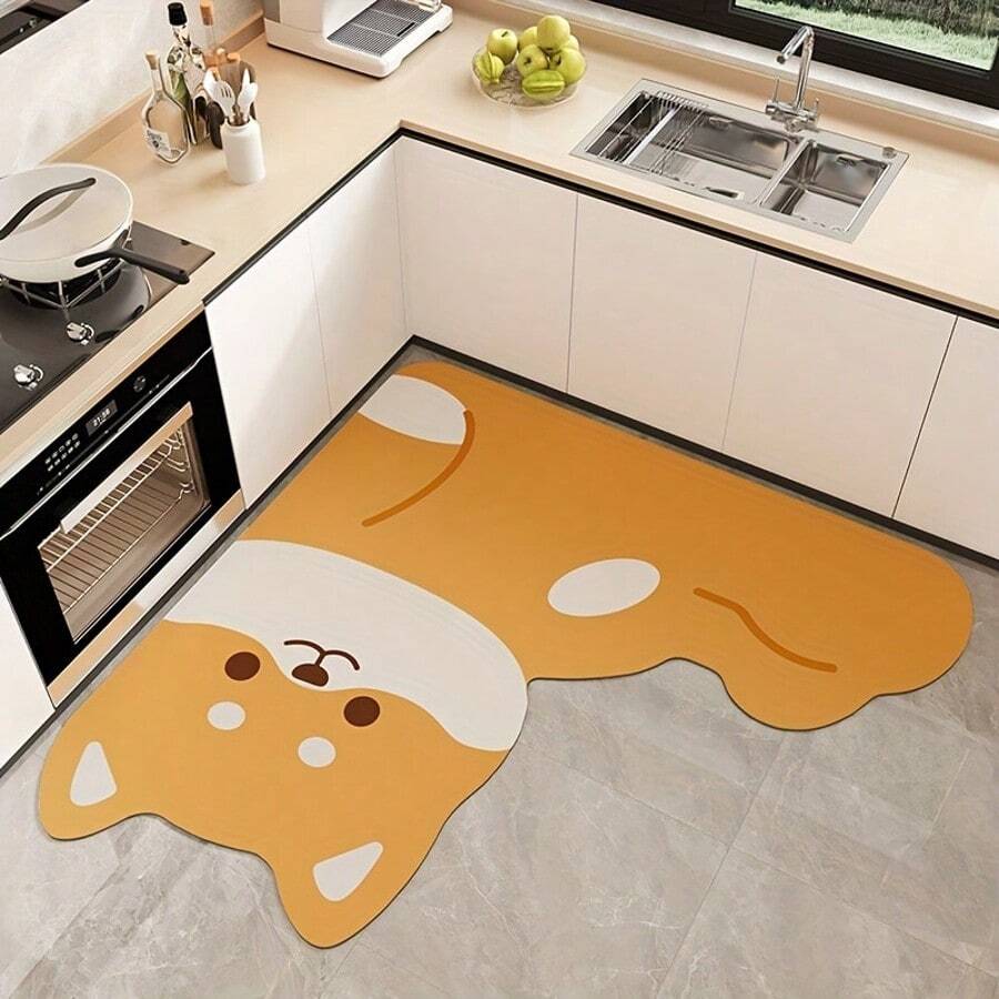 1pc Adorable Cartoon Animal Pattern L-Shaped Kitchen Mat - Super Absorbent, Anti-Slip, Easy To Clean, Rubber Material With Diatom Mud Layer, Perfect For Kitchen Door Entrance Or Home Use, Home Entrance Mat Cartoon Animal Design Durable Kitchen Mat Back To School