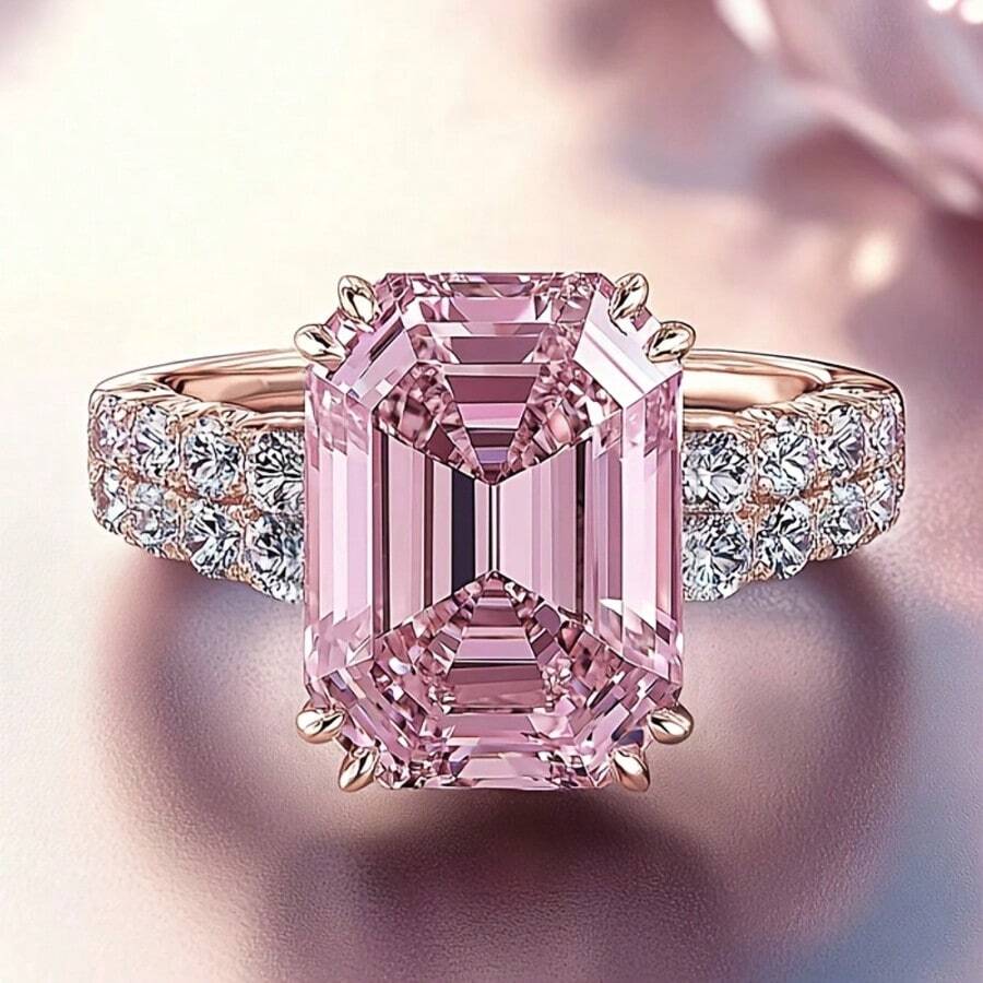 Elegante y lujoso anillo de compromiso de princesa romántico con circonia zircónica rosa cuadrada brillante, anillo de compromiso de moda para mujer para uso diario, fiesta, festival o regalo