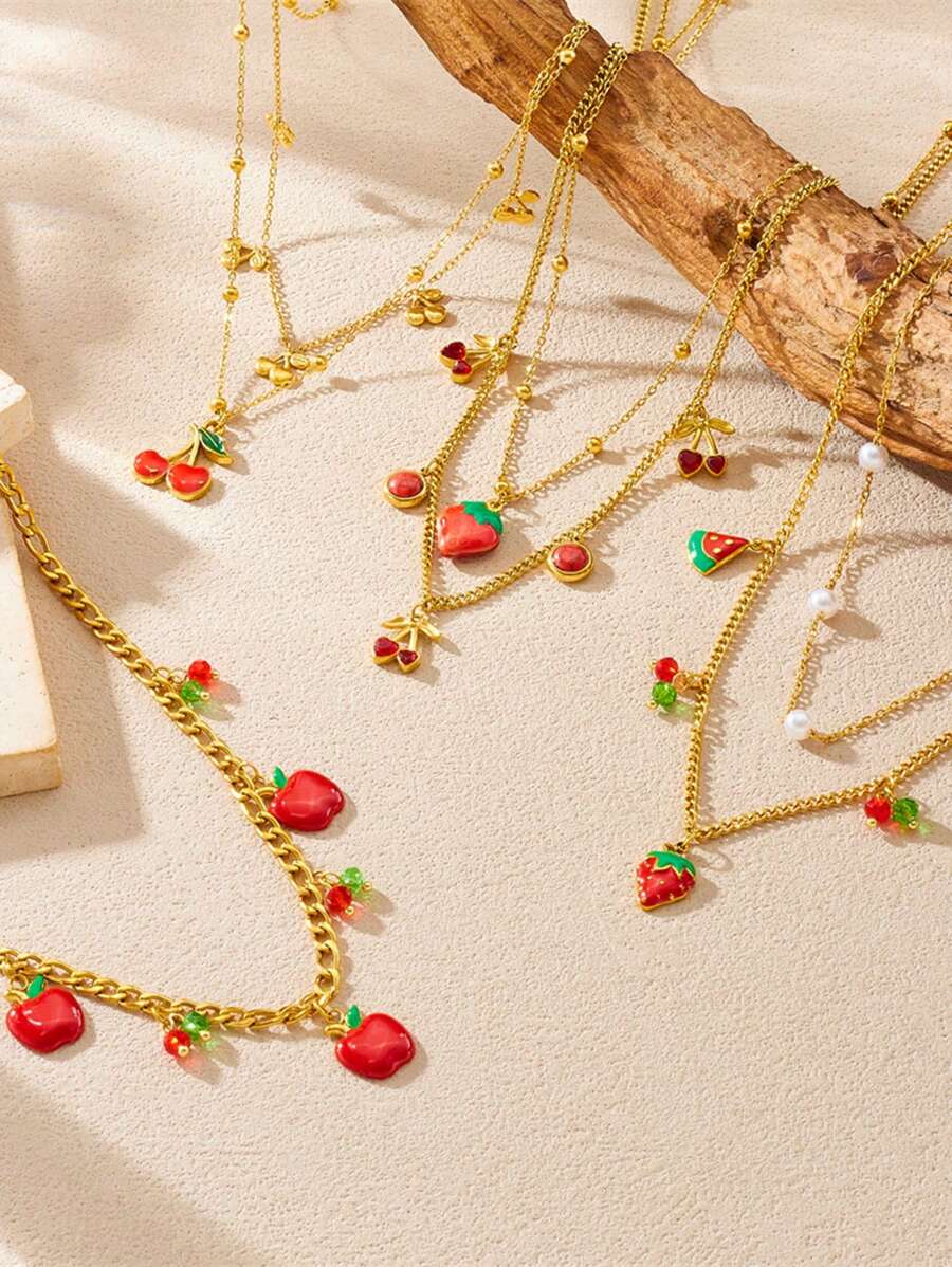 1 Colgante de fruta simulada en forma de gota de aceite de estilo de dibujos animados lindo, collar de múltiples capas, accesorio de acero inoxidable chapado en oro con fresa, sandía, manzana, cereza para la clavícula