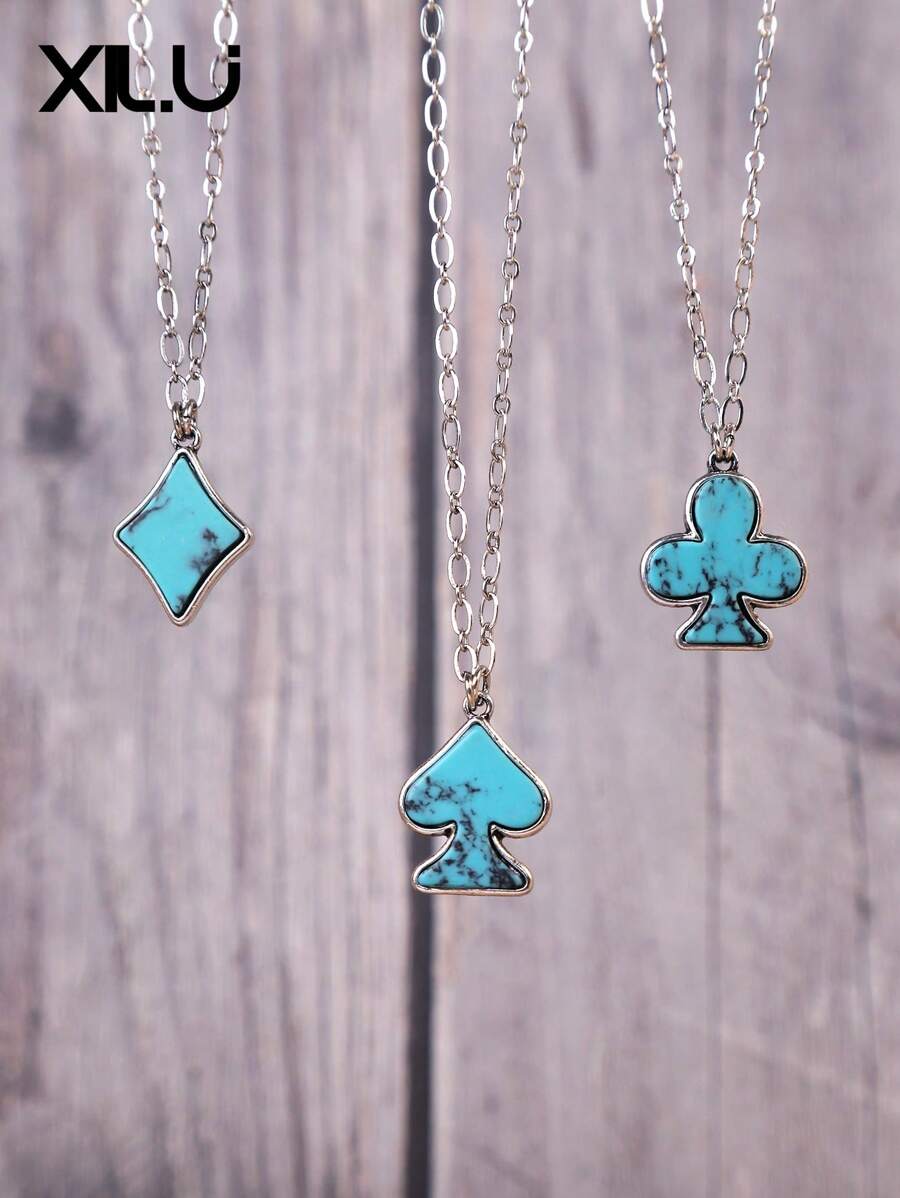 1pc Poker Card & Turquoise Enamel Pendant Necklace For Women, European & American Design