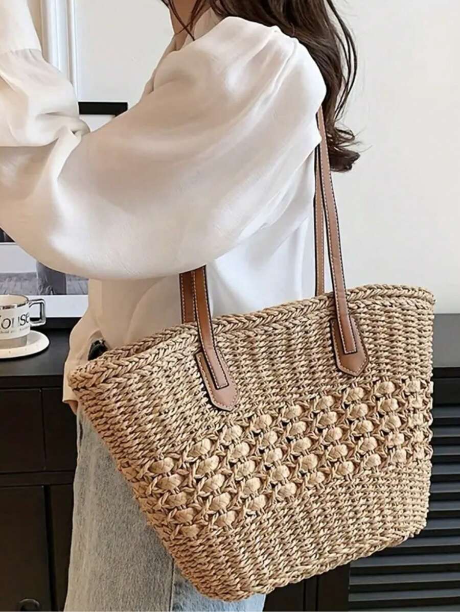 Casual Fashion Hollow Straw Woven Bag, Suitable For Holiday, Travel, Beach Party, Tote Bag, Large Capacity, Everyday Shopping
