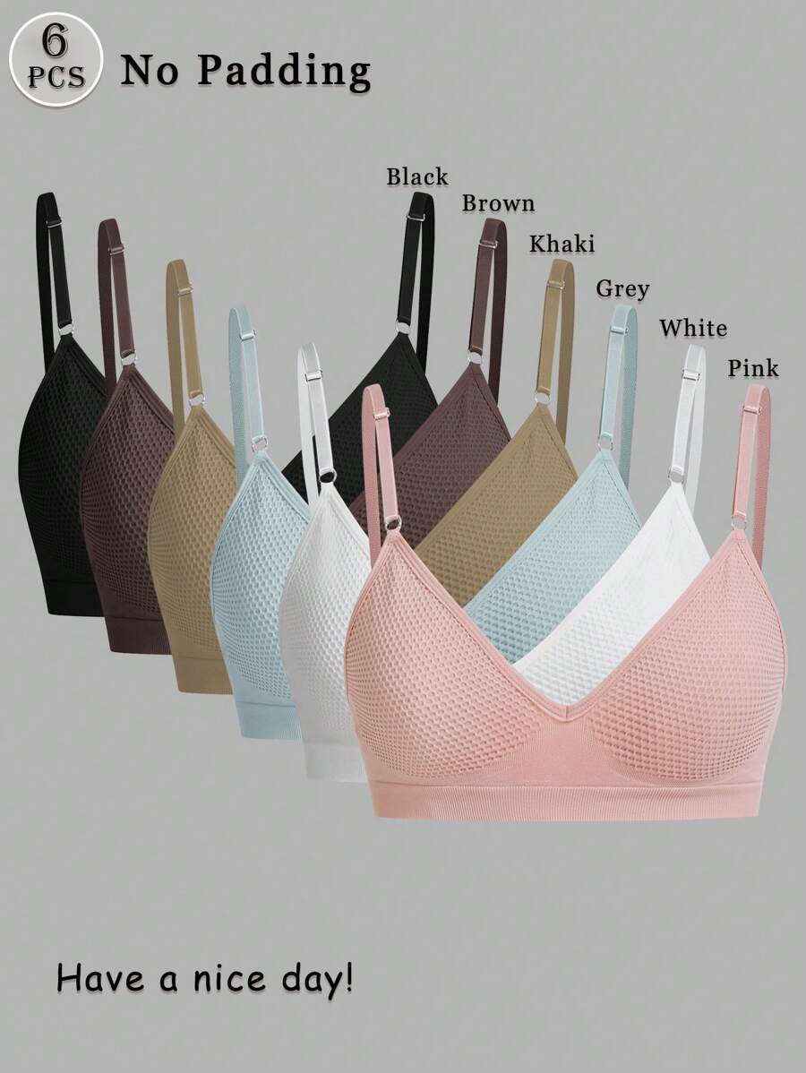 6pcs Multicolor Women's Bras With Hook Closure & Wire-Free Comfortable Unlined Seamless Bras With Adjustable Straps