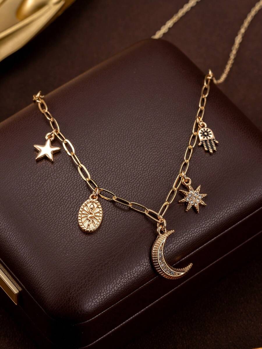 1pc Fashionable Geometric Star & Moon Charm Pendant Necklace, Versatile & Cute Everyday Wear For Women