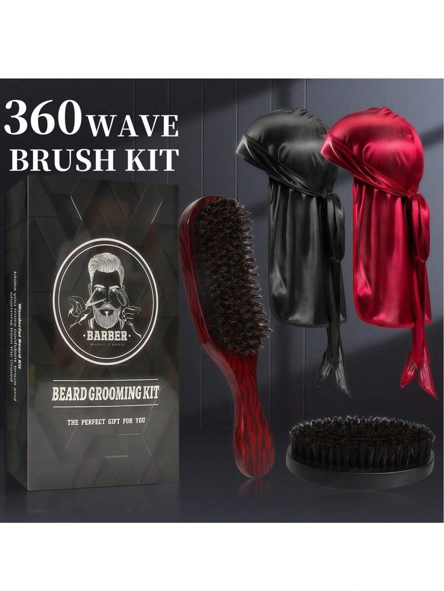 4 In 1 360 Waves Brush Kit For Men & Women, Wave Brush Silky Durag Wave Cap Set - Including 2pcs Durag Caps & Brush With Wooden Handle, Silky Shine & Training, Curved Brush, Durag Cap Set, Du-Rag Extra Long Tails