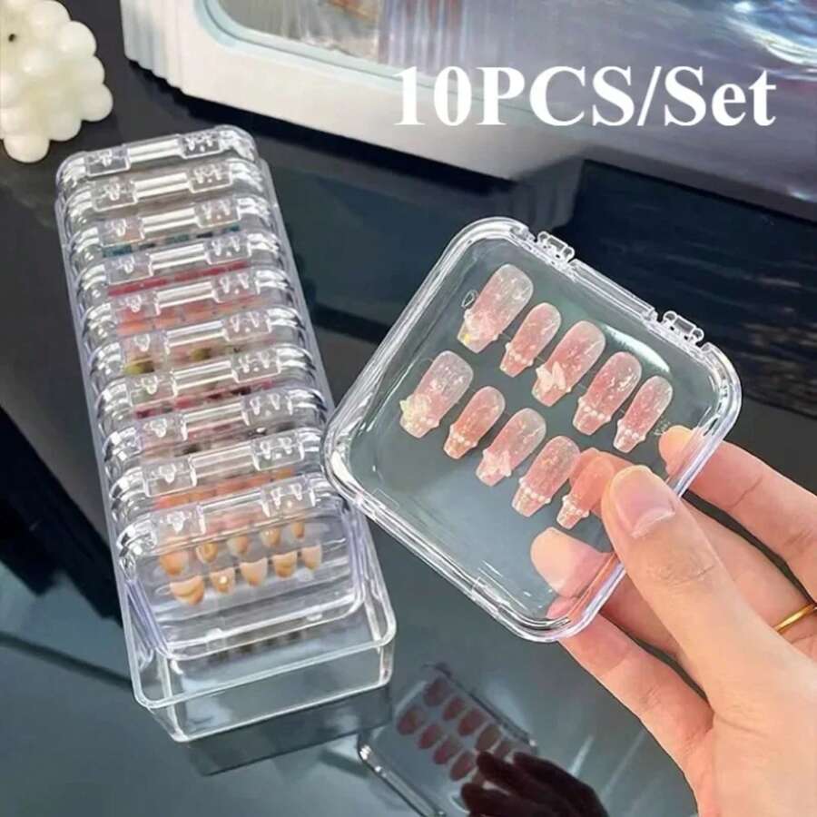 10PCS Press-On Nail Storage Acrylic Boxes With Adhesive Sheets Transparent Clear Nail Boxes Jewelry Storage Tool&Accessories