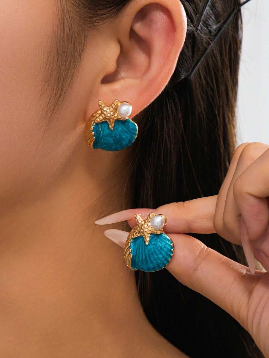 1 Pair Summer Island Relaxed Energetic Tropical Vibes Blue Dripping Oil Starfish & Shell Women Earrings, Holiday Gift, Summer Jewelry