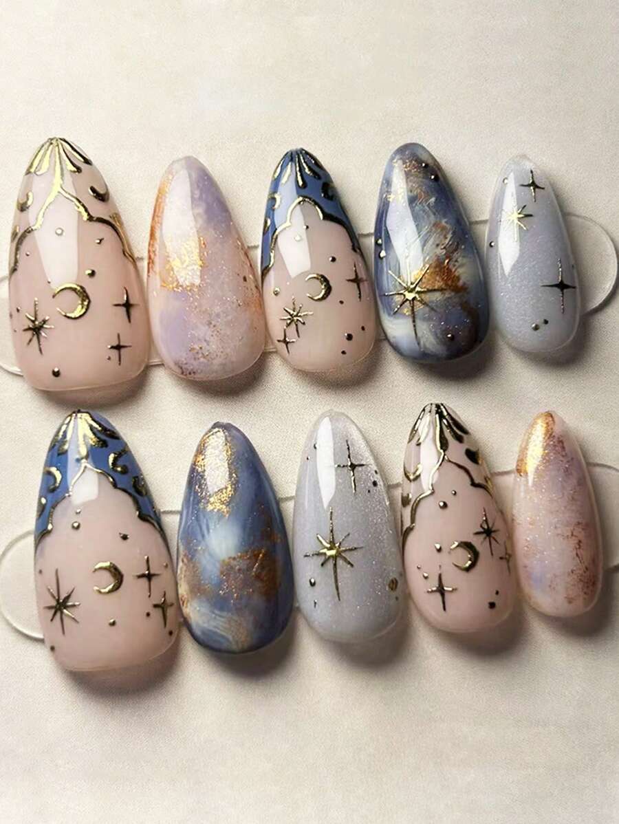 24pcs Removable Tie Dye Wavey Star & Moon Pattern French Manicure Press On Nail Stickers, Suitable For Party, Wedding Or Daily Wear