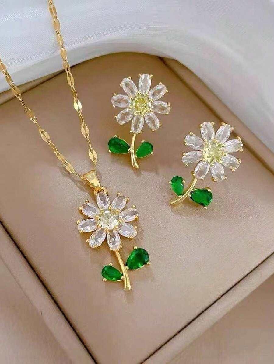 1 Set Stainless Steel Leaf & Flower Necklace And Earrings, Delicate Rhinestoned Luxury Personalized Party Jewelry