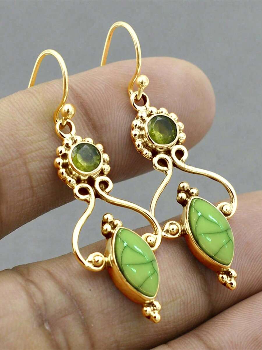 2 Peças Brincos de Turquesa com Padrão Verde Vintage, Presente de Joias para Aniversário, Estilo de Férias