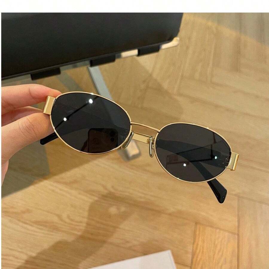2 piezas Gafas de moda con montura de metal ovalada y unicolor clásico, ideales para uso diario, playa y protección solar, adecuadas para mujer