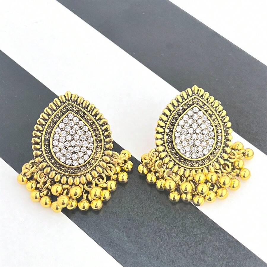 1 par de pendientes de araña bohemios para mujeres, pendientes de flecos vintage chapados en oro con strass, declaración mexicana