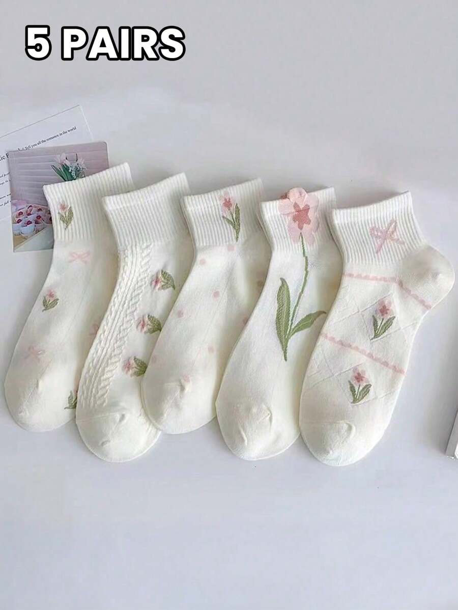 5 pares de calcetines de mujer para primavera y verano, con diseño de flores de tulipán y estilo simple y moderno, suaves, transpirables y con absorción de sudor, para uso diario y deportivo de corta longitud