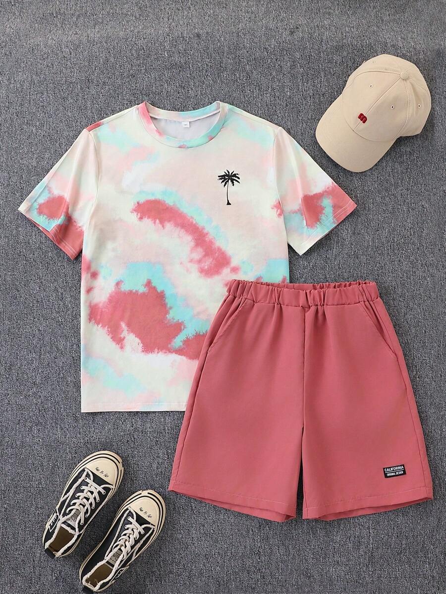 2pcs/Set Teenage Boy Casual Gradient Tie Dye Palm Tree Print Short Sleeve T-Shirt & Solid Color Patched Shorts Set, Suitable For Casual Vacation, Basic, Versatile Sports, Summer