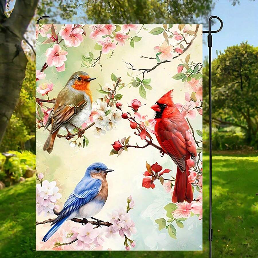 1 Gartenflagge 2D Banner Polyester Willkommen Frühling/Sommer Kardinäle und Vögel Gartenflagge, 30 * 45cm/70 * 100cm, Polyesterfaser Gewebe, bunt bedrucktes Außenbanner, geeignet für Hof, Garten, Rasen, Heim-Dekoration, naturinspiriertes Design
