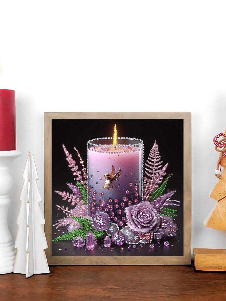 1PC Rainbow Diamond Art Painting Kit Adult, Includes Asymmetrical Shape Drills, Candles & Flower Pattern, Sparkling Crystal Embroidery Set, For Home Decor, 30x30cm Canvas