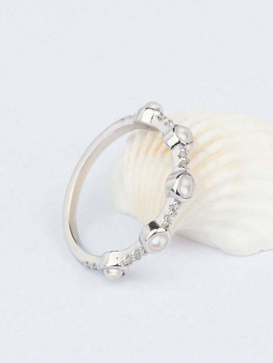 1pc 925 Sterling Silver Natural Freshwater Cultured Pearl/Turquoise Micro-Inlaid Zirconia Unisex Versatile Personalized Accessory Ring