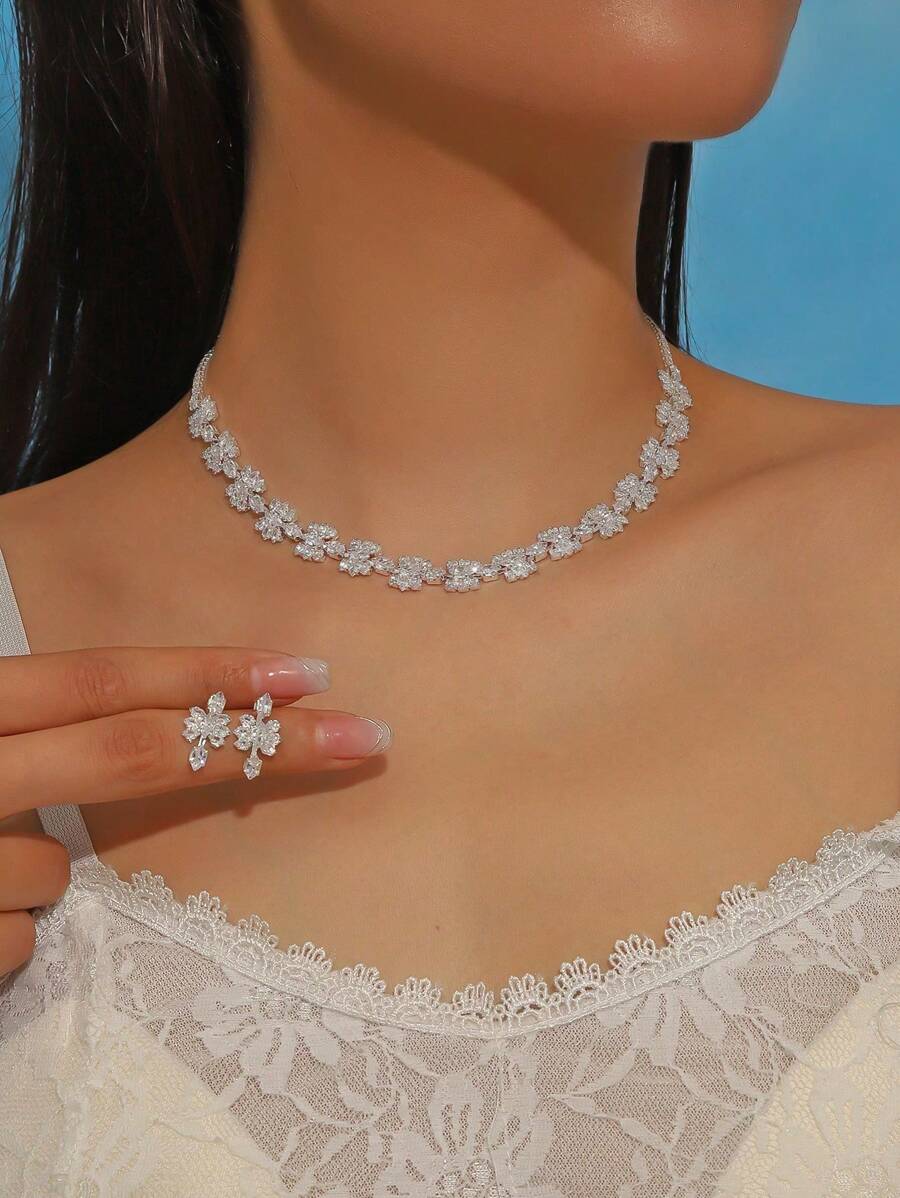 Conjunto de joias femininas luxuosas e modernas, colar e brincos de strass, perfeito para noivas, festas e uso diário