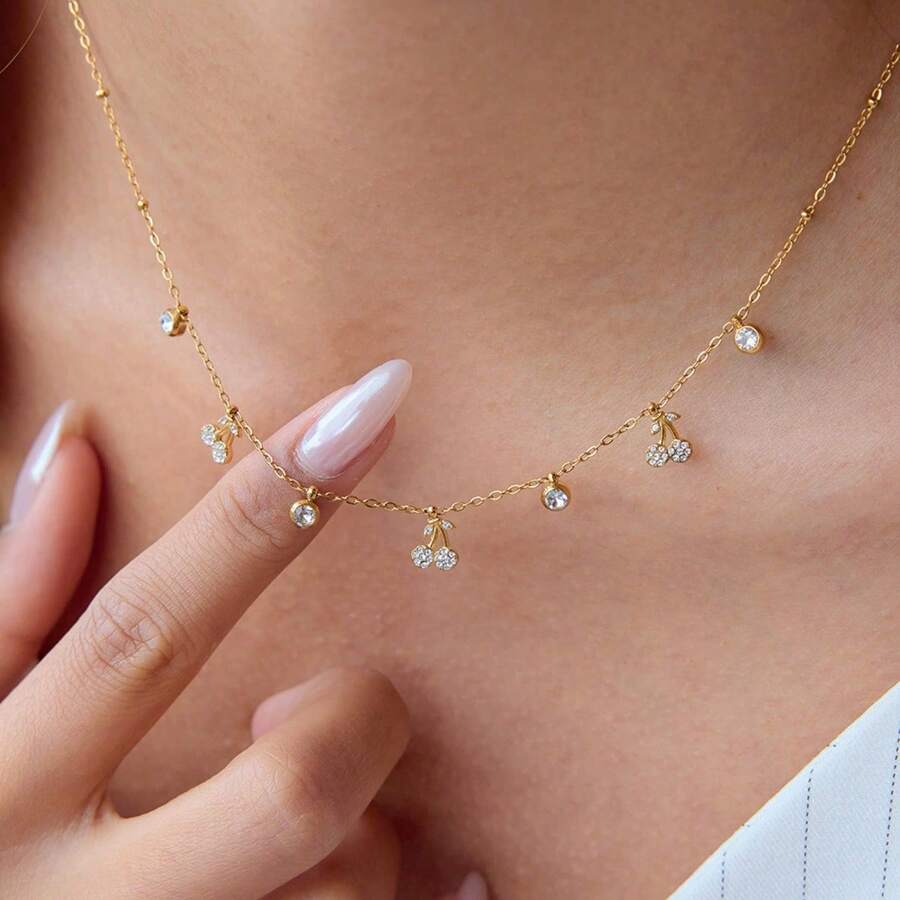 S SHOPBOHO 1pc Romantic Cherry Pendant Gift For Her Diamond Cherry Jewelry Cubic Zirconia Cherry Pendant Necklace Gold Fruit Pendant Necklace