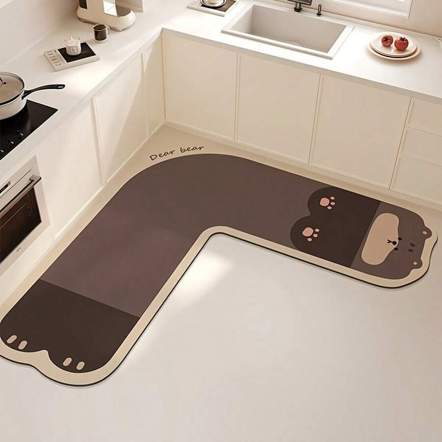 1pc Cute Bear Design L-Shaped Absorbent Non-Slip Kitchen And Bathroom Floor Mat - Cartoon Diatom Mud, Oil Absorption, Lightweight & Stain-Resistant For Modern Homes, Bathroom Mat Back To School