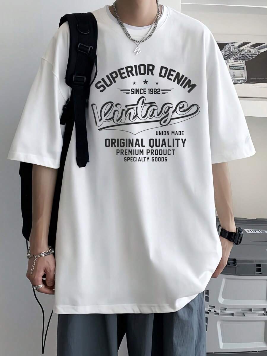 Vintage Superior Denim T-Shirt Premium Quality,Men's 220gsm New Summer Casual Crew Neck Pure Cotton Short Sleeve T-Shirt (1 Pc)